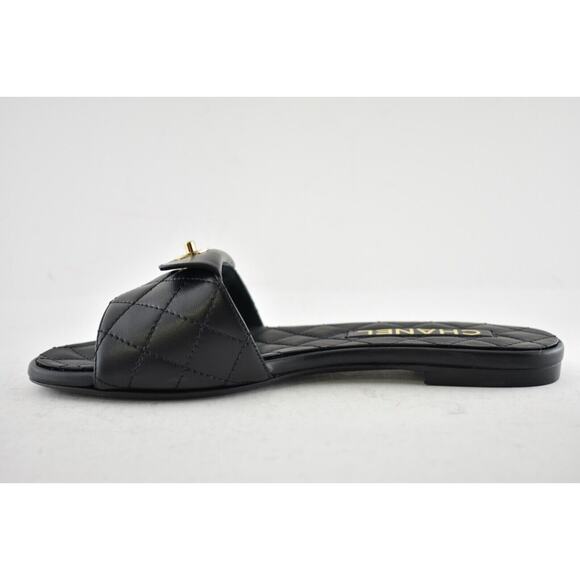 Chanel REV Black Turnlock Quilted Gold CC Logo Mules Slide Sandal Flop Flat 37 - Picture 9 of 12